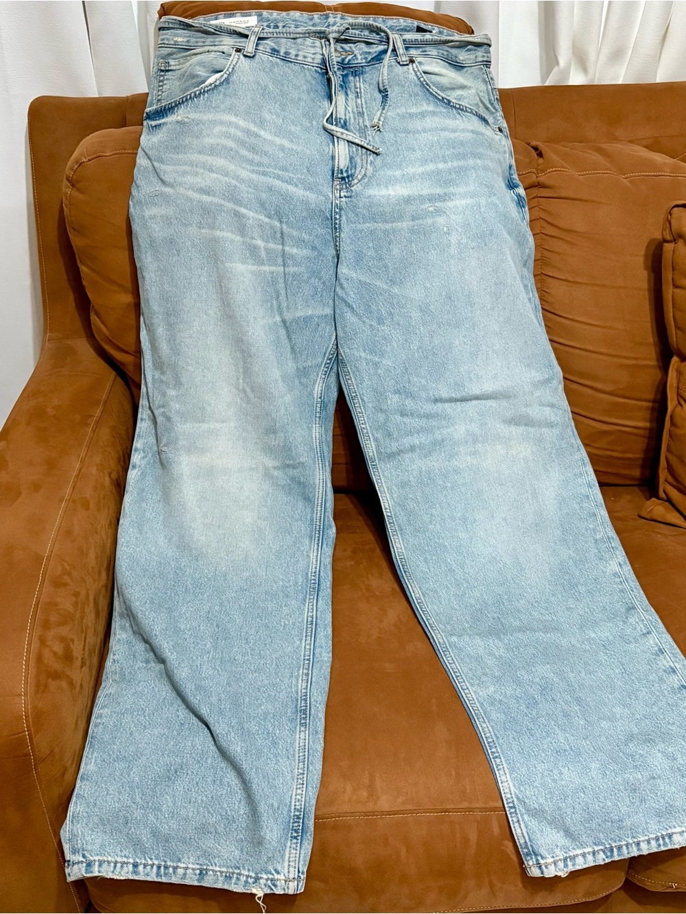 Zara Light Wash Wide Leg Jeans with Drawstring Size 36